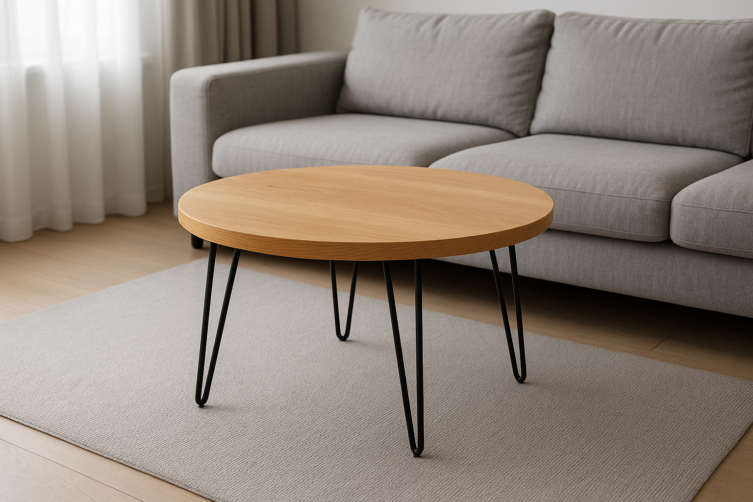 Mesa de Centro Redonda em Madeira de Carvalho com Pés Hairpin, 80 cm