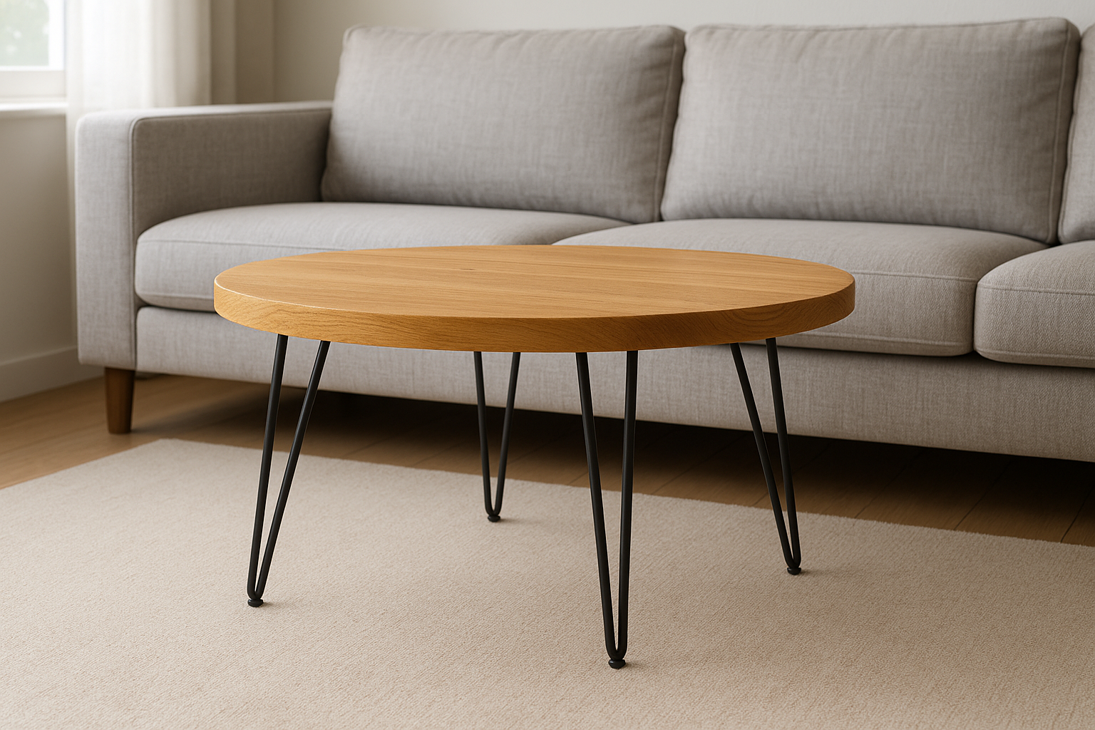 Mesa de Centro Redonda em Madeira de Carvalho com Pés Hairpin, 80 cm