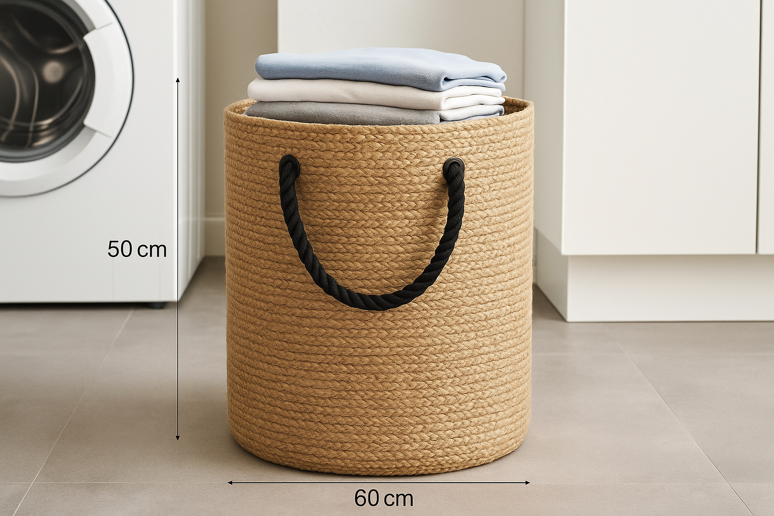 Cesto de Roupas de Juta Natural com Alças de Corda Pretas 50x60 cm