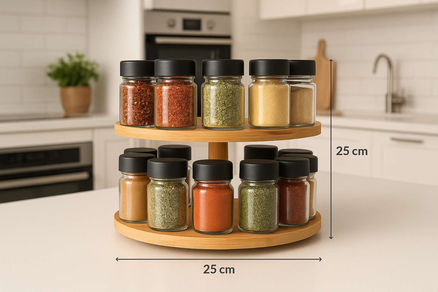 Porta-temperos giratório de bambu, 2 andares, com 16 potes de vidro