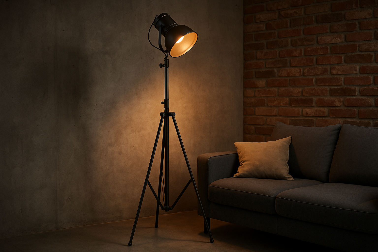 Luminária de chão industrial com tripé de metal preto, spot ajustável 160 cm
