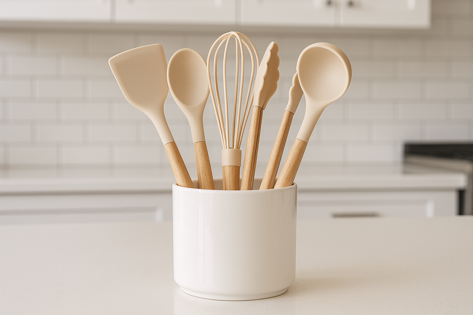 Conjunto de 5 Utensílios de Silicone com Cabo de Madeira e Porta-Utensílios