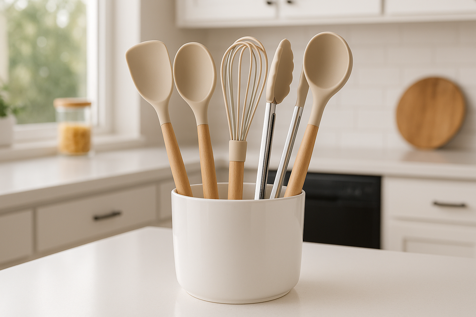 Conjunto de 5 Utensílios de Silicone com Cabo de Madeira e Porta-Utensílios