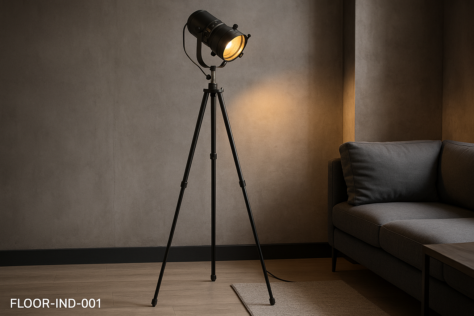Luminária de chão industrial com tripé de metal preto, spot ajustável 160 cm