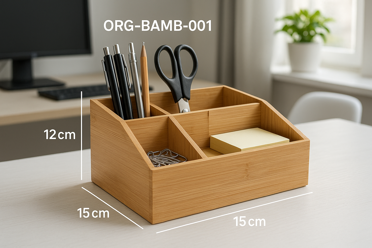 Organizador de Mesa em Bambu Natural com 4 Compartimentos, 25x15 cm