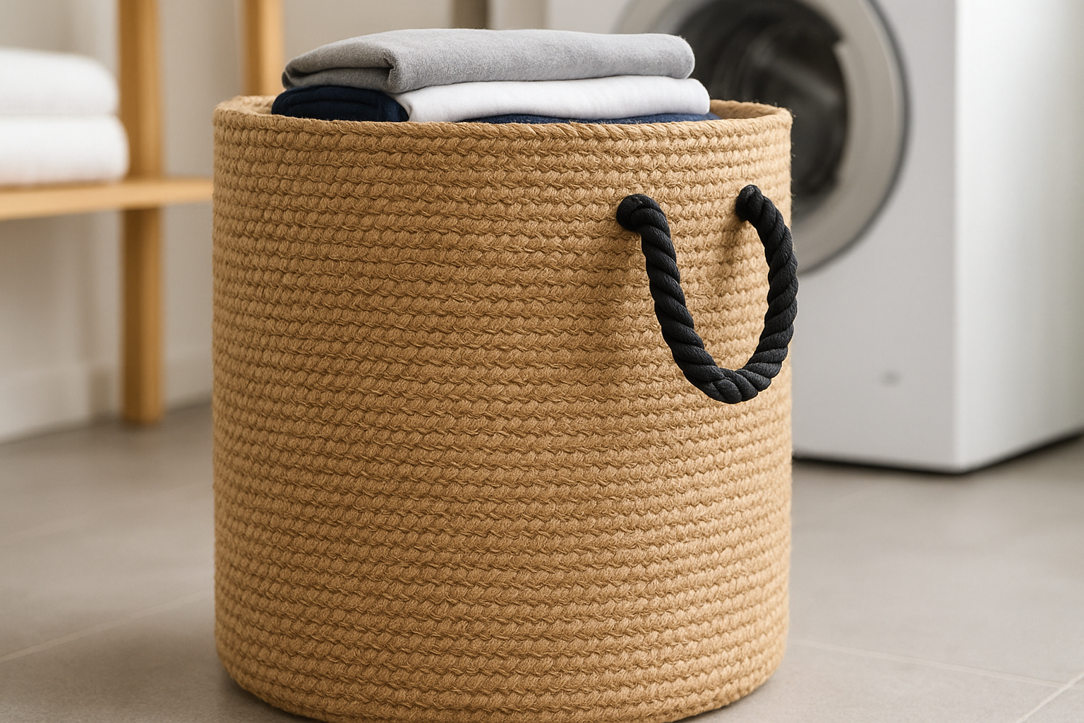 Cesto de Roupas de Juta Natural com Alças de Corda Pretas 50x60 cm
