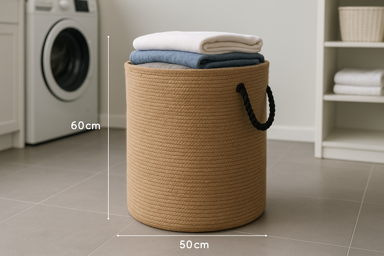 Cesto de Roupas de Juta Natural com Alças de Corda Pretas 50x60 cm