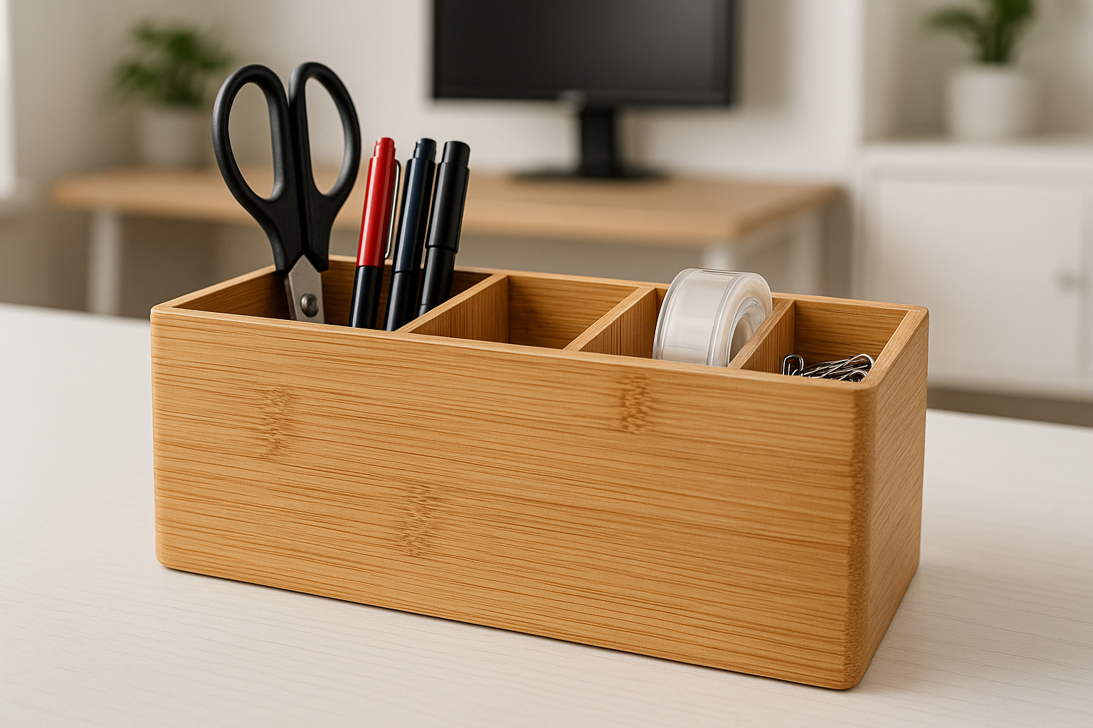 Organizador de Mesa em Bambu Natural com 4 Compartimentos, 25x15 cm