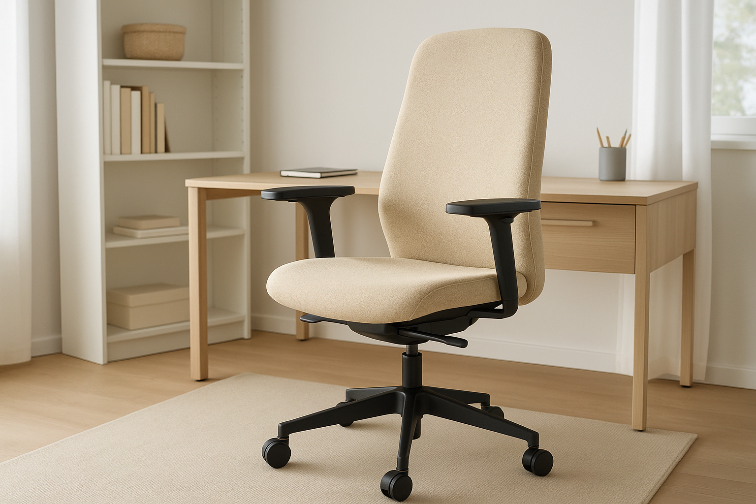 Cadeira Ergonômica de Escritório com Tecido Bege e Rodízios