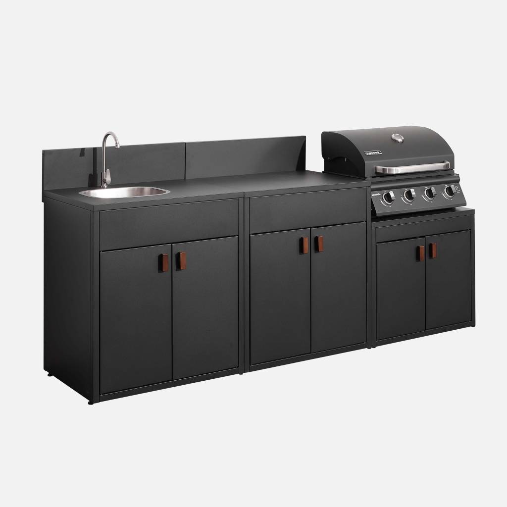 Cozinha exterior com churrasqueira a gás com 4 queimadores