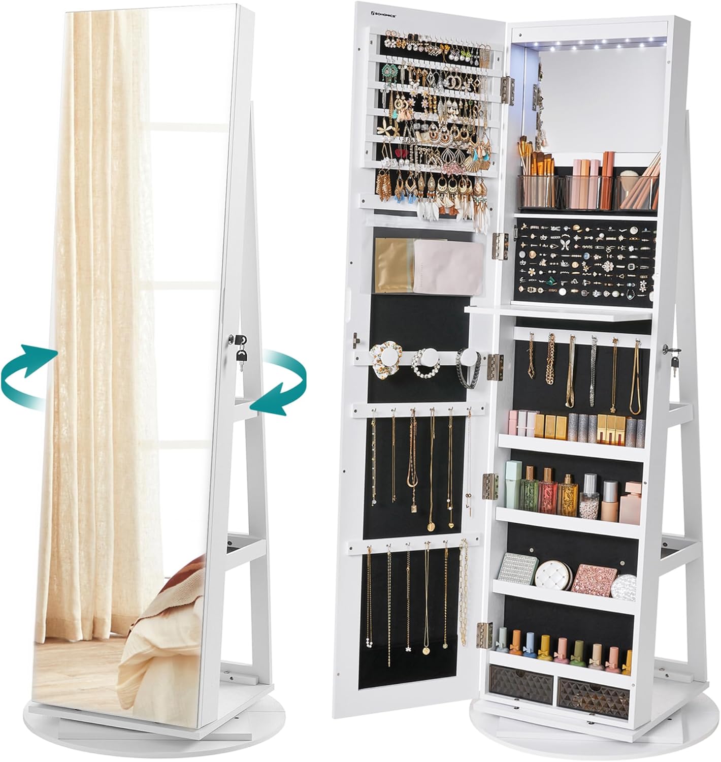 Espelho Porta-Joias Giratório 360° com Organizador Interior e LEDs