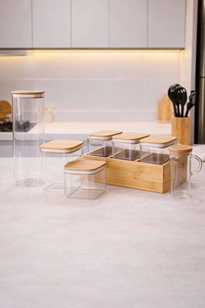 Kit Organizador Premium de Cozinha em Bambu – Potes de Vidro com Tampa de Bambu