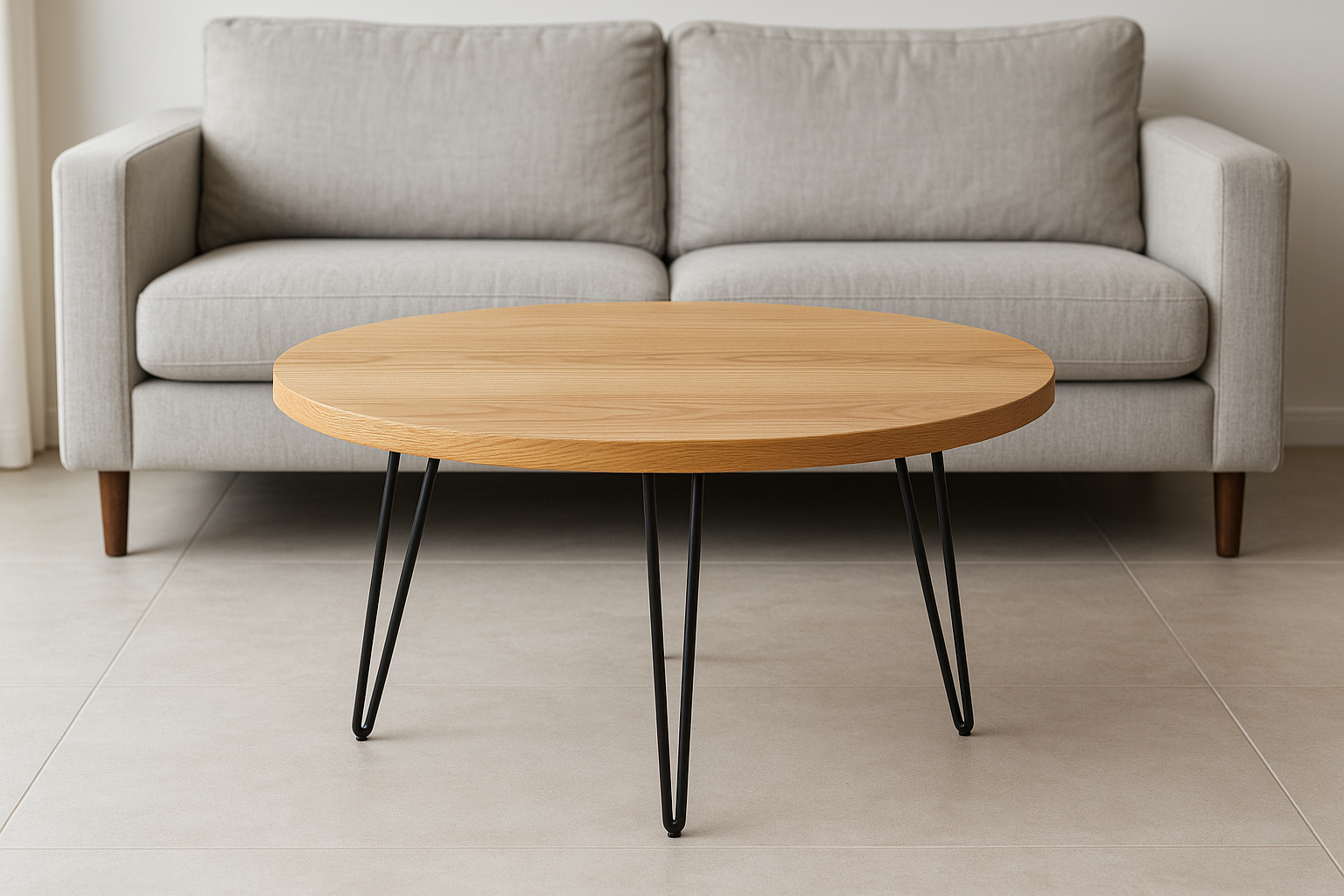 Mesa de Centro Redonda em Madeira de Carvalho com Pés Hairpin, 80 cm