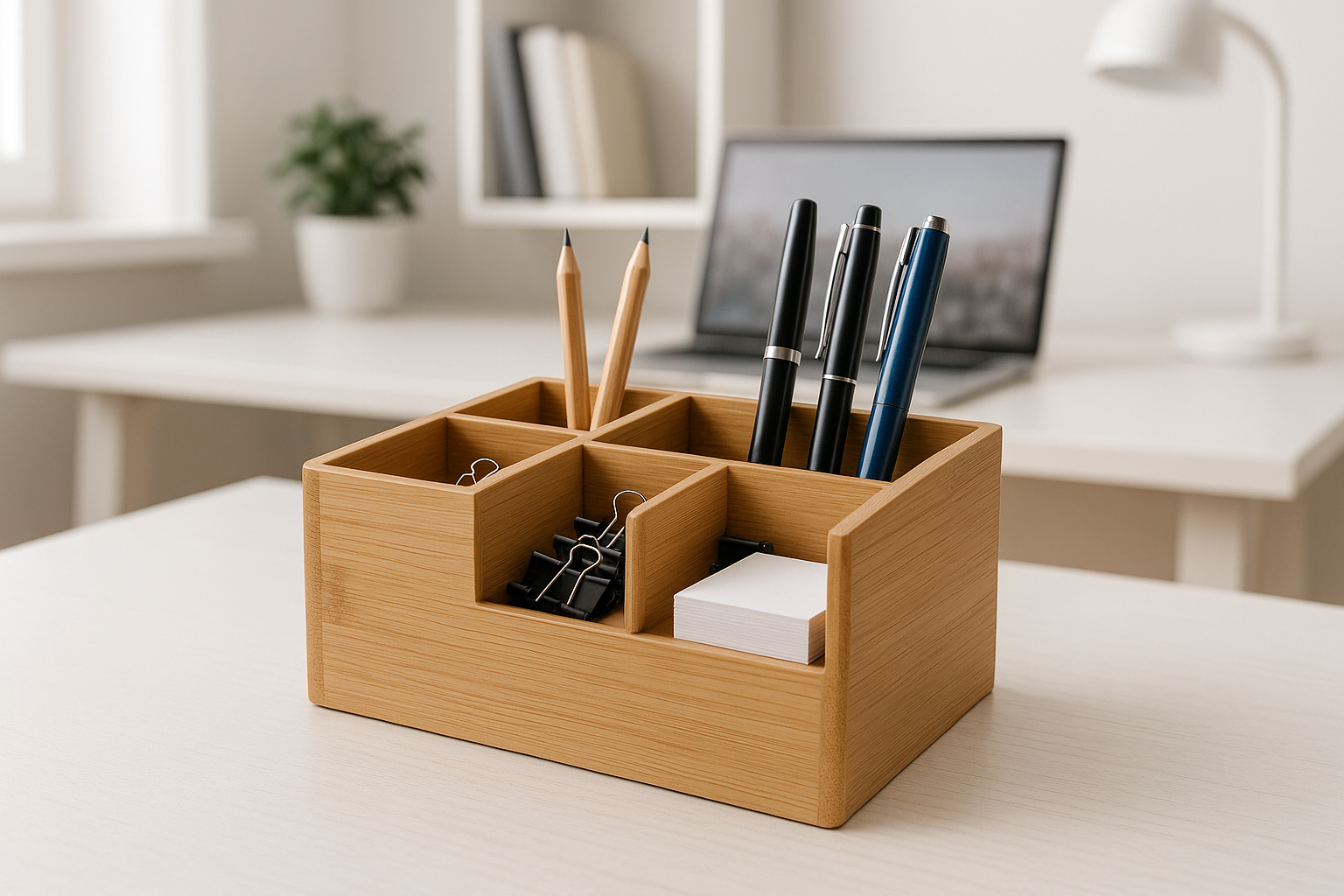 Organizador de Mesa em Bambu Natural com 4 Compartimentos, 25x15 cm