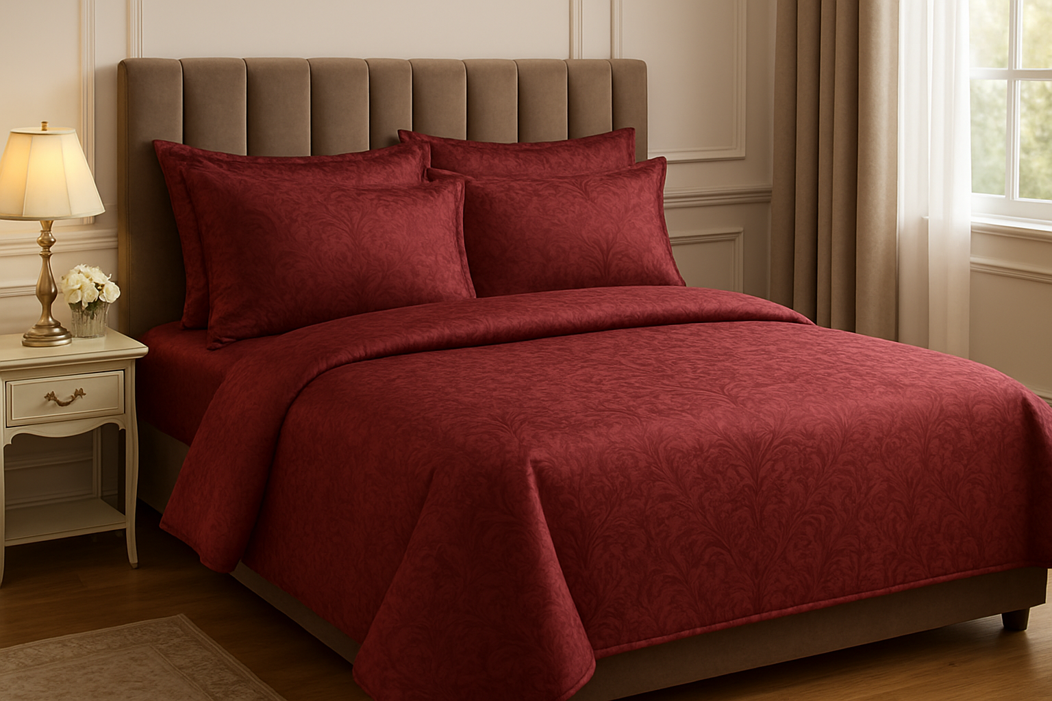 Jogo de Cama Queen Jacquard Bordô - 4 Peças Sofisticadas