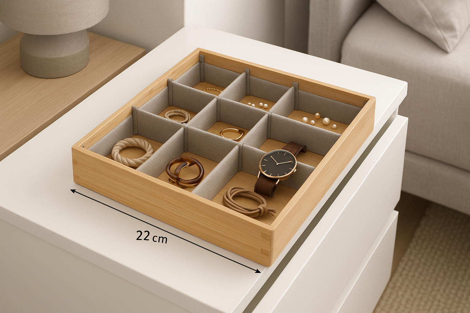 Organizador de gaveta de bambu com 8 divisórias ajustáveis 32 x 24 cm