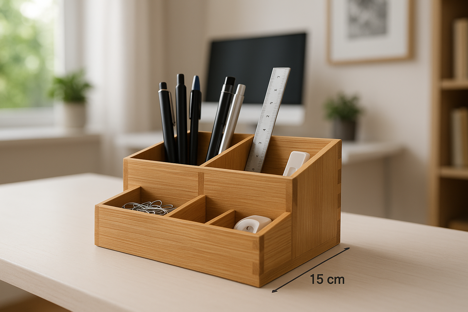 Organizador de Mesa em Bambu Natural com 4 Compartimentos, 25x15 cm