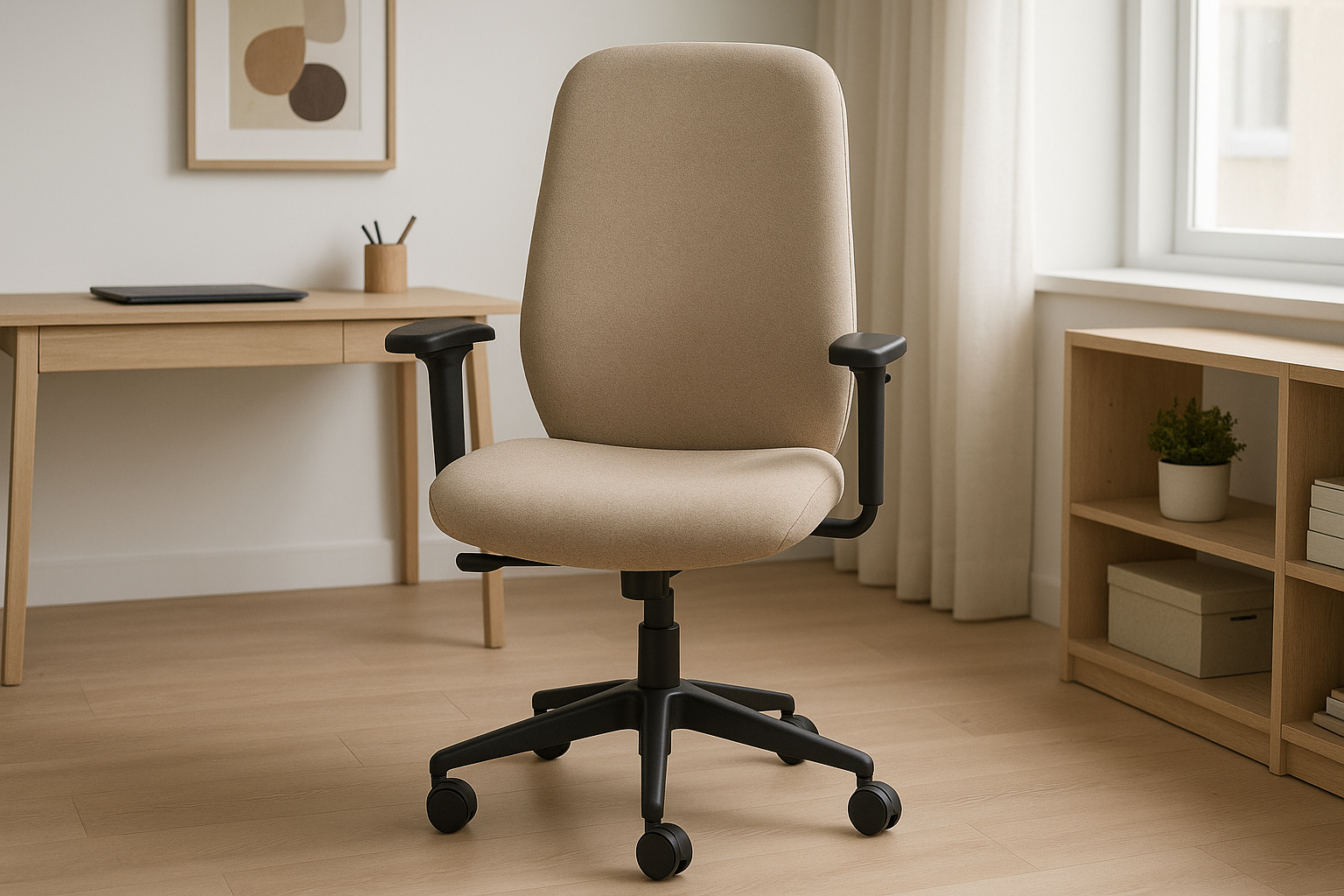 Cadeira Ergonômica de Escritório com Tecido Bege e Rodízios