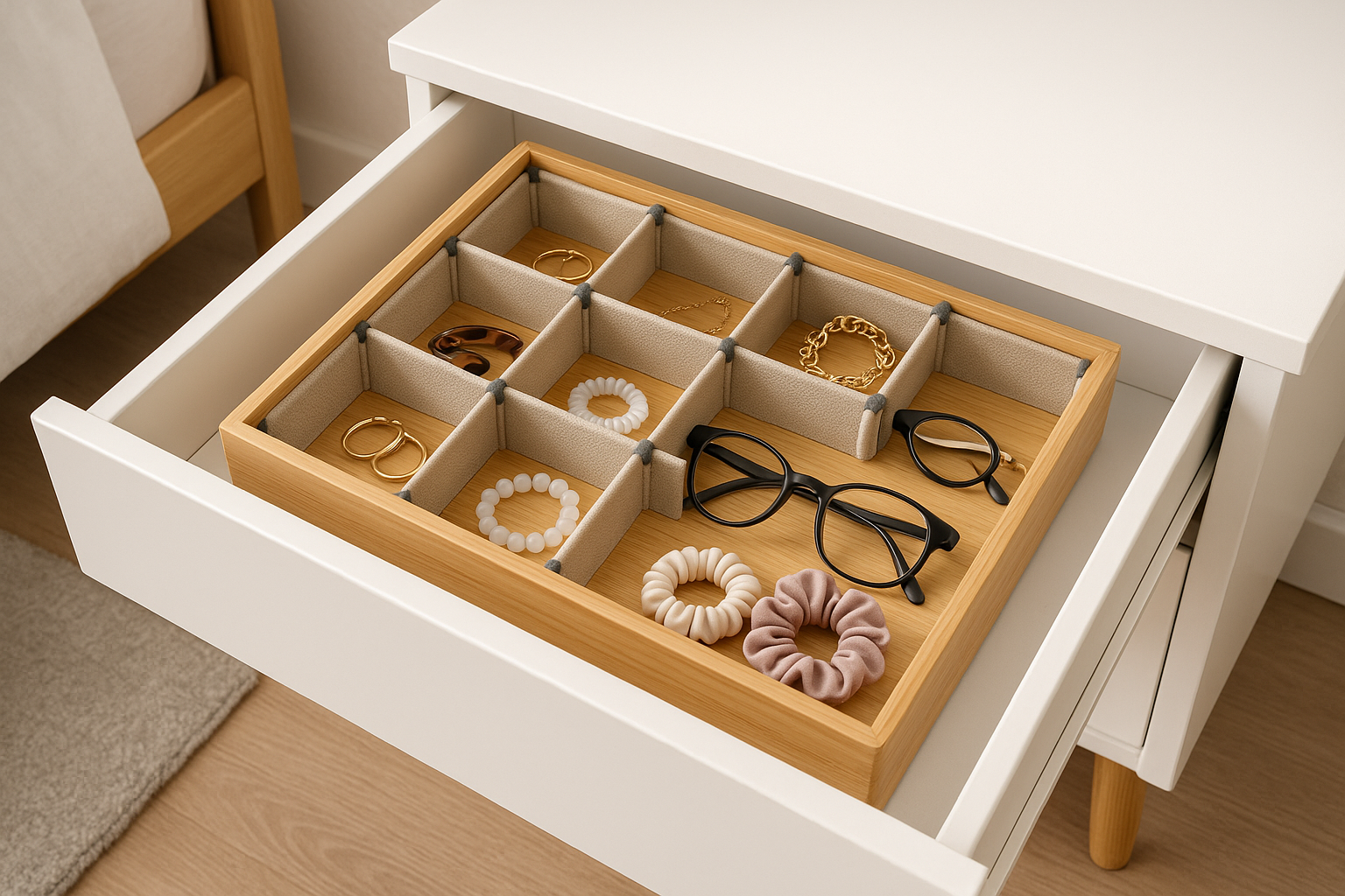 Organizador de gaveta de bambu com 8 divisórias ajustáveis 32 x 24 cm