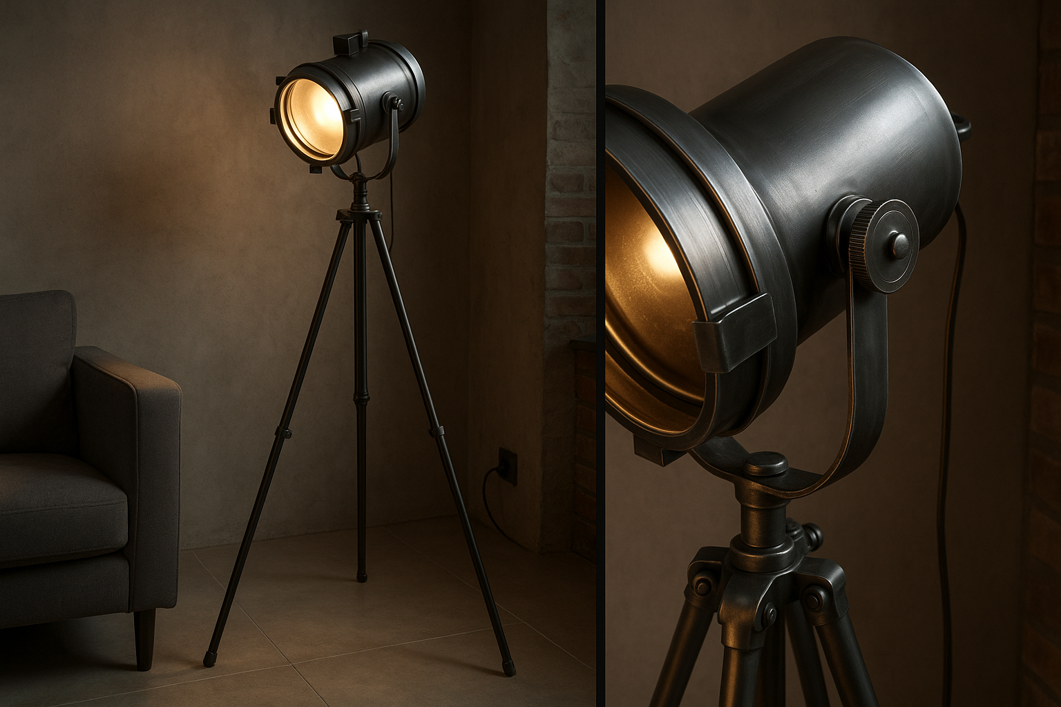Luminária de chão industrial com tripé de metal preto, spot ajustável 160 cm