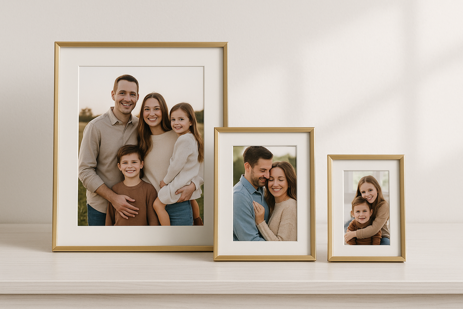 Kit de 3 Porta-Retratos Dourados de Tamanhos Variados com Vidro