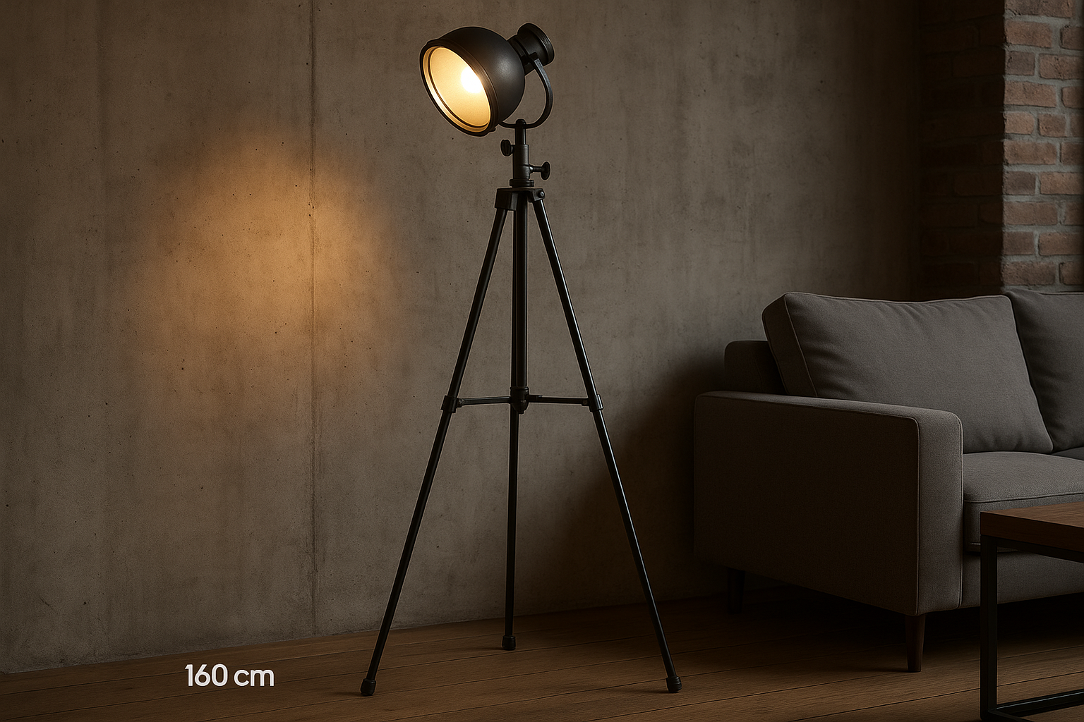 Luminária de chão industrial com tripé de metal preto, spot ajustável 160 cm