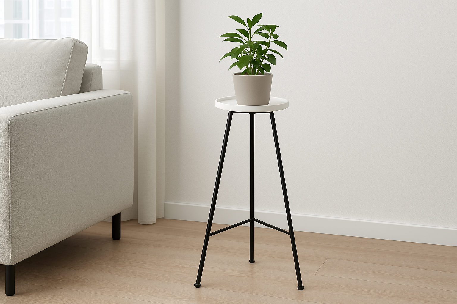 Suporte para Plantas Tripé de Metal Preto com Base de Cerâmica 70 cm