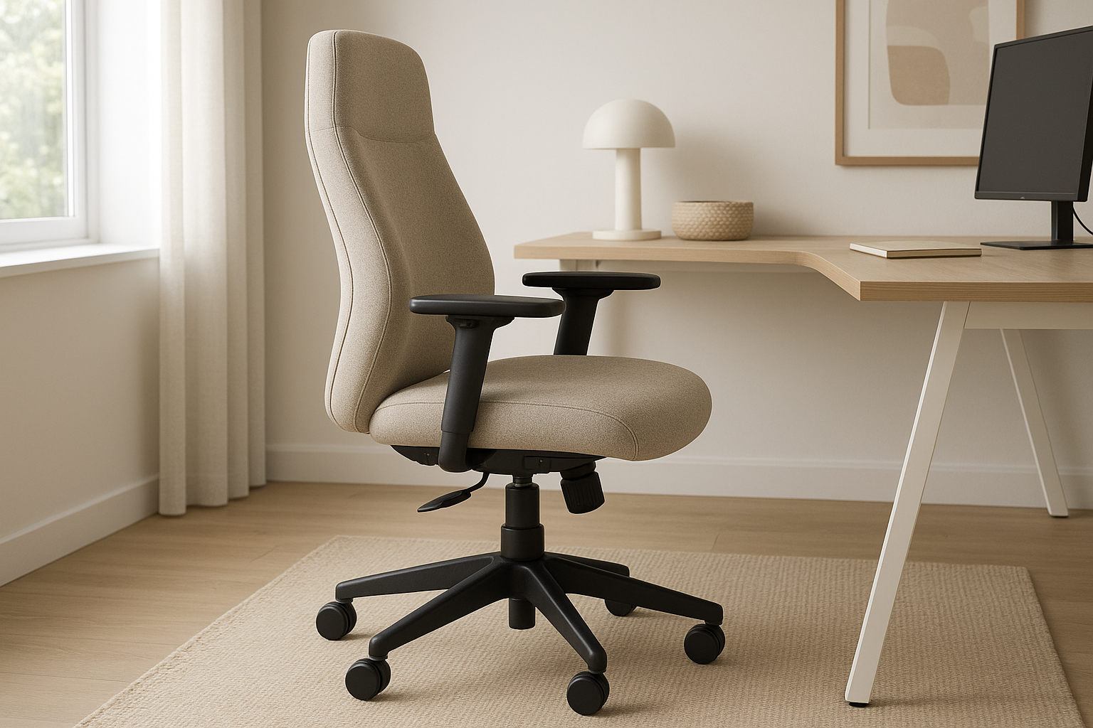 Cadeira Ergonômica de Escritório com Tecido Bege e Rodízios