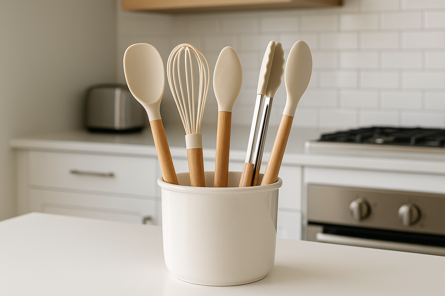 Conjunto de 5 Utensílios de Silicone com Cabo de Madeira e Porta-Utensílios