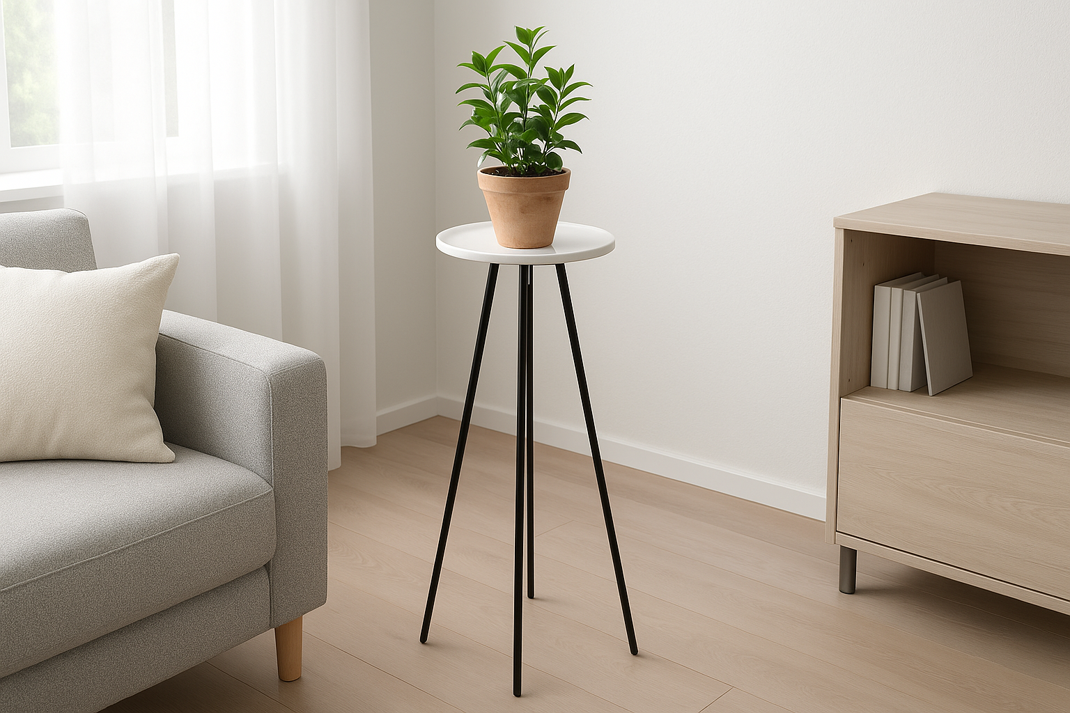 Suporte para Plantas Tripé de Metal Preto com Base de Cerâmica 70 cm
