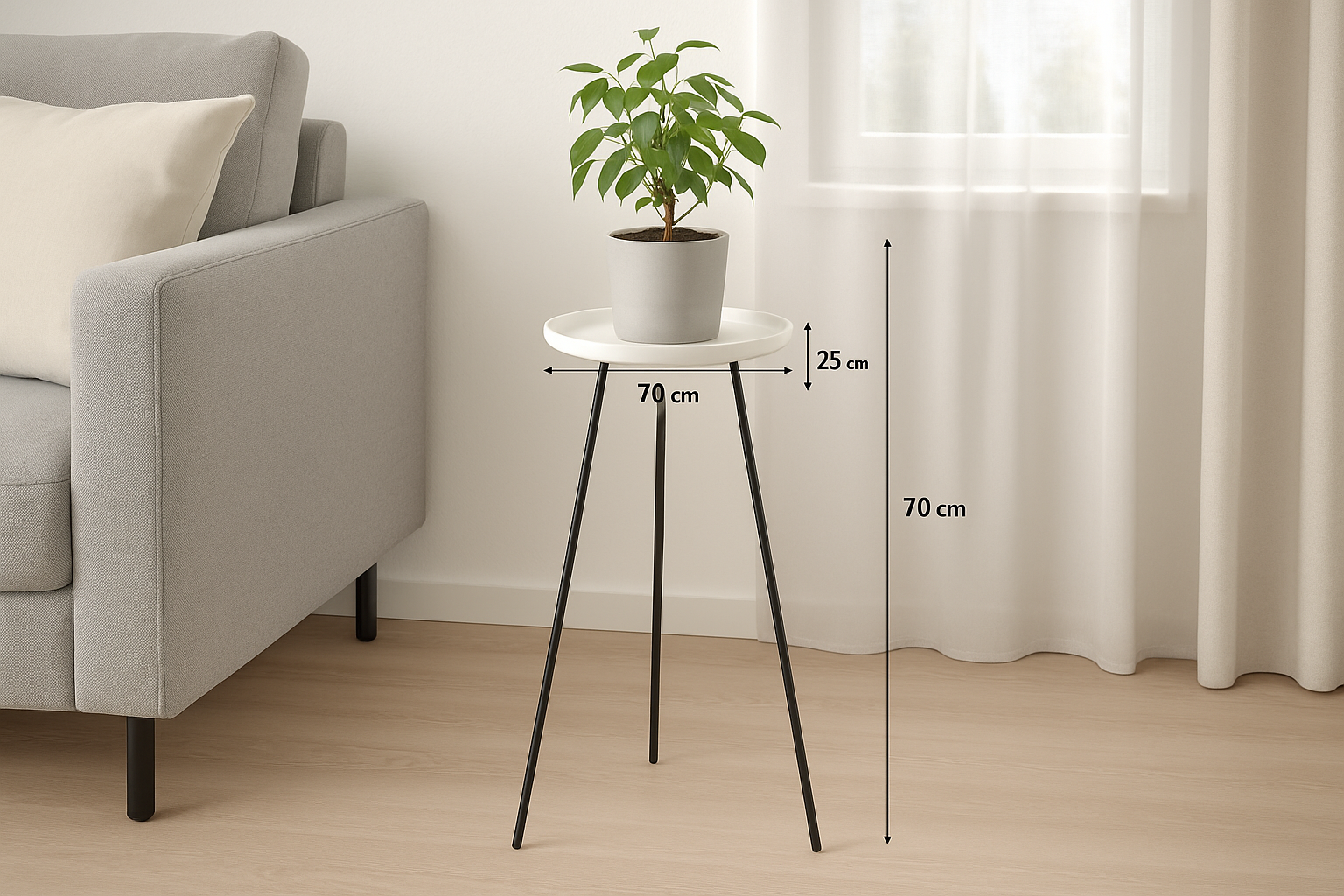 Suporte para Plantas Tripé de Metal Preto com Base de Cerâmica 70 cm