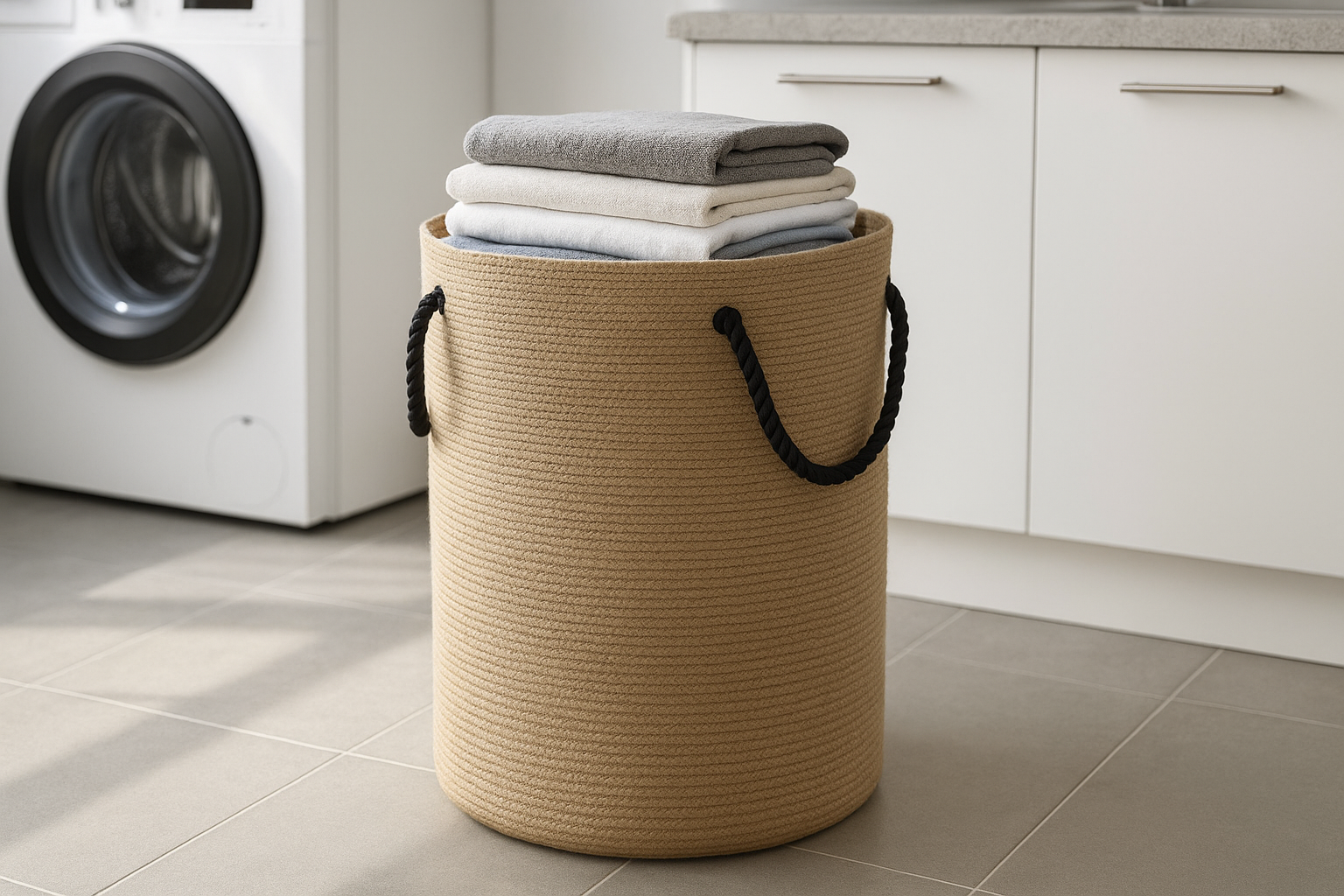 Cesto de Roupas de Juta Natural com Alças de Corda Pretas 50x60 cm