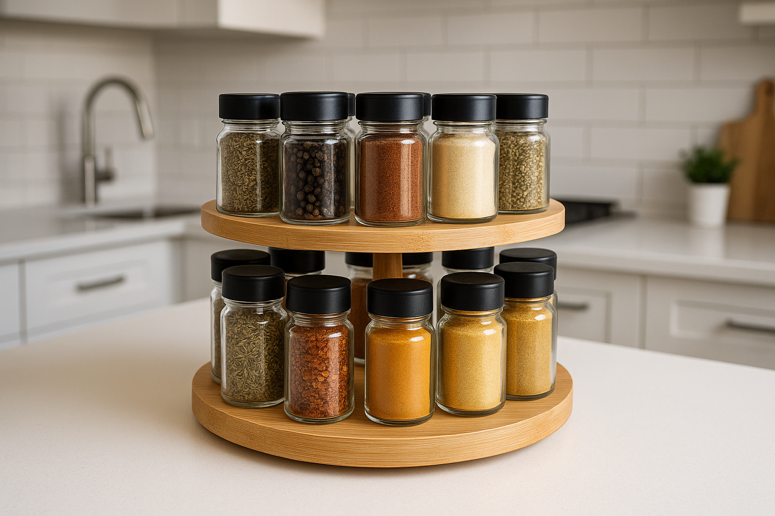 Porta-temperos giratório de bambu, 2 andares, com 16 potes de vidro