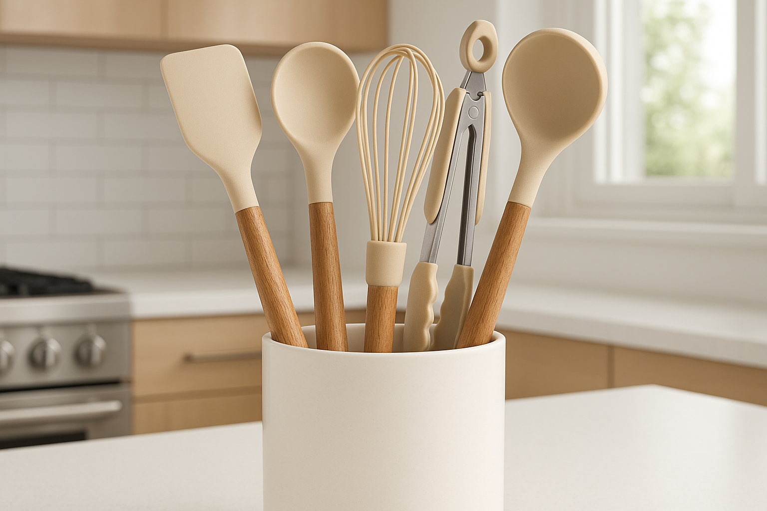 Conjunto de 5 Utensílios de Silicone com Cabo de Madeira e Porta-Utensílios